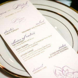 Elegant Reception Menus Purple Wedding Lilac Lavender and Gold