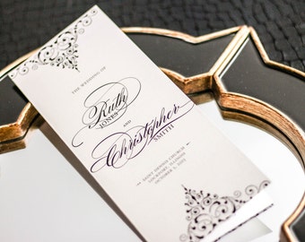 Black and White Ceremony Programs, Black Tie Wedding Program, Folded Script Programs - "Delicate Filigree" Folded Booklet Program - DEPOSIT