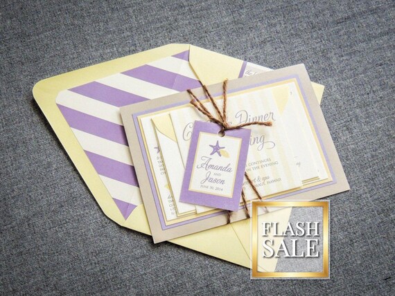 Yellow Invitations, Nautical Invites, Beach Invitations, Lavender, Yellow, Taupe - "Starfish & Shell" FP-2L-v3 SAMPLE