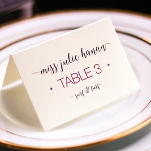 Plum and Fuchsia Mitzvah Placecards, Modern Place Seating Cards, Purple Event Decor - "Whimsical Calligraphy" Tented Placecard v2 - DEPOSIT