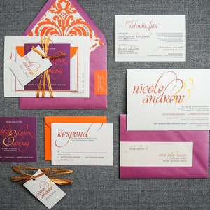 Purple Floral Invitations, Modern Wedding Invitation, Indian Wedding Cards, Fuchsia & Orange Damask Dramatic Script FP-NL-v3 SAMPLE image 2