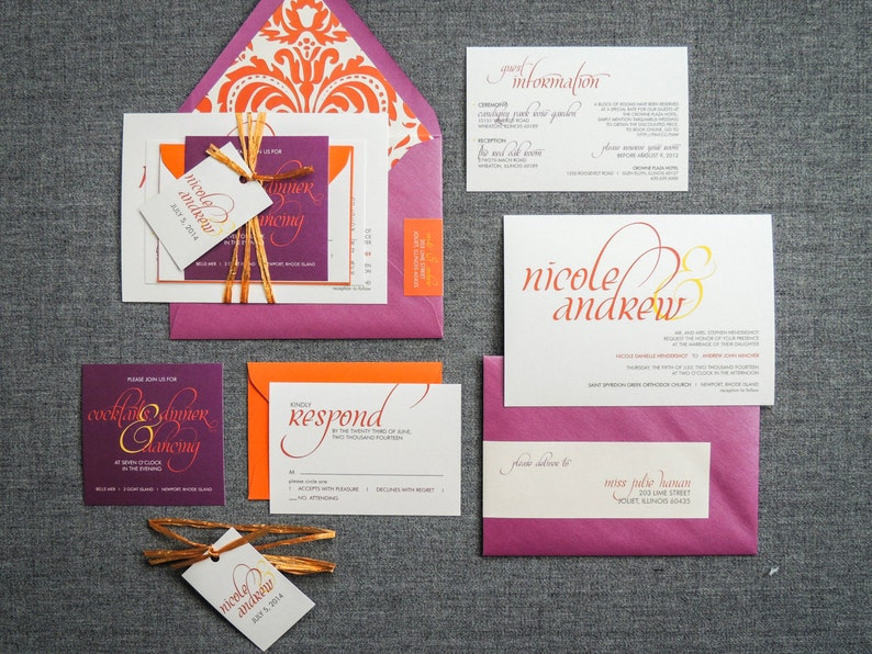 Purple Floral Invitations, Modern Wedding Invitation, Indian Wedding Cards, Fuchsia & Orange Damask Dramatic Script FP-NL-v3 SAMPLE image 2