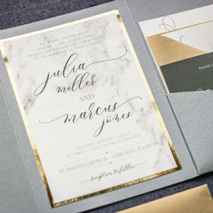 Wedding Invitation, Marble and Gold Foil Invitations, Calligraphy Script Pocketfold with Glitter, Luxury Set Modern Elegance PF-1L SAMPLE image 4