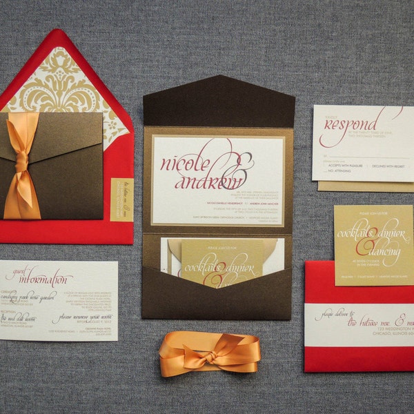 Gold Wedding Invitations, Dramatic Invitation Suite, Gold Pocket Wedding Invitation, Indian Wedding Card - "Dramatic Script" PF-1L-v3 SAMPLE