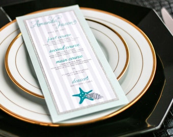 Beach Wedding Menu, Destination Wedding, Aqua and Silver, Glitter, Wedding Menus, Decor - "Starfish and Shell" Flat Menu, 2 Layers - DEPOSIT