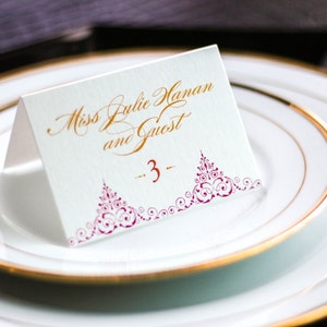 Hot Pink and Orange, Indian Wedding, Personalized Name Cards, Dinner Placecard, Bohemian - "Delicate Filigree" Tented Placecard v3 - DEPOSIT