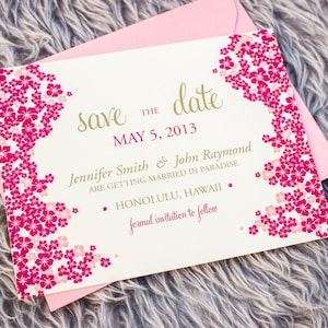 Tropical Wedding Save the Date, Hawaiian Wedding, Hot Pink and Gold - "Cascading Hibiscus" Save the Date Card with Envelope - DEPOSIT