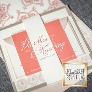 Coral and Blush Wedding Invitations, Champagne Wedding Invitation, Indian Henna Wedding Cards, Coral Invite - "Modern Henna" FP-1L-v2 SAMPLE