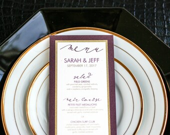 Burgundy and Gold, Modern Wedding, Dinner Menus, Purple and Gold Glitter Invitations - "Modern Calligraphy" Flat Menu, 2 Layers - DEPOSIT