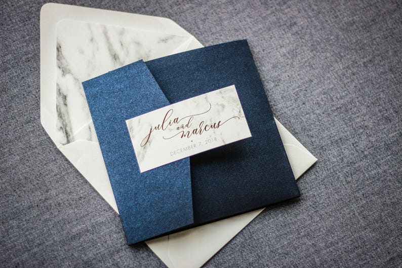 Custom Invitation, Wedding Invitations, Navy Blue Wedding, Modern Marble Blue and Copper Set with Name Tag Modern Elegance PF-NL SAMPLE image 2