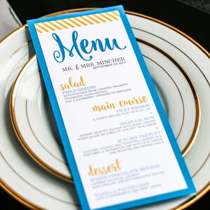 Nautical Wedding, Dinner Menus, Calligrpahy stationery, Beach Wedding, Blue and Yellow - "Calligraphy Chic" Flat Menu, 1 Layer - DEPOSIT
