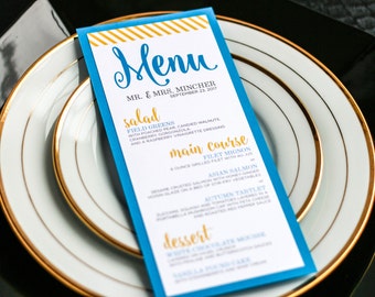 Nautical Wedding, Dinner Menus, Calligrpahy stationery, Beach Wedding, Blue and Yellow - "Calligraphy Chic" Flat Menu, 1 Layer - DEPOSIT