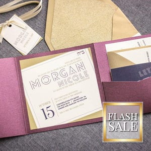 Modern Pocketfold Invitations, Plum and Gold Invitations, Custom Bat Mitzvah Invitations, Glitter Invitations - &quot;Modern Angle&quot; PF-NL SAMPLE