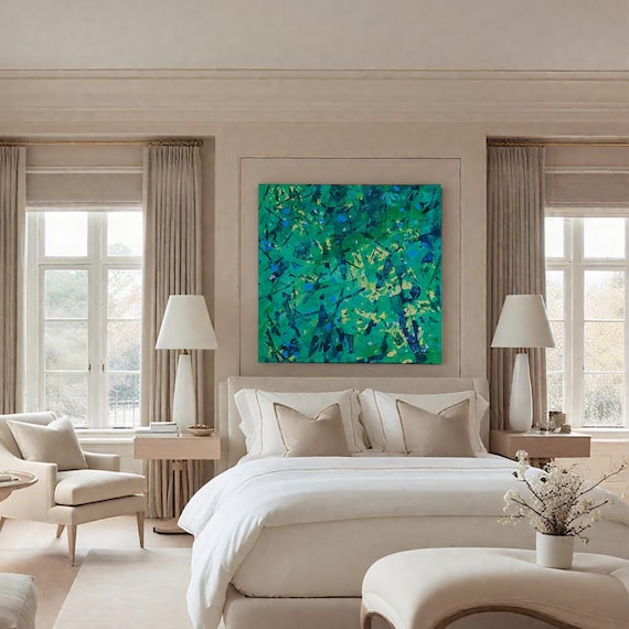 Framed Abstract Canvas Wall Art – Colorful Green Modern Painting, Artist Reproduction Print for Living Room, Bedroom, or Office Decor