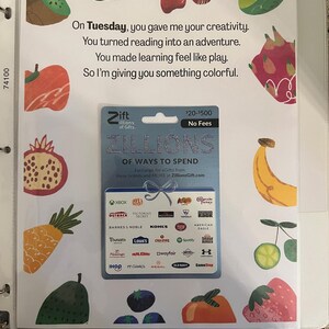 May include: A colorful gift card with a fruit theme. The card features the text "Zift" and "Zillions of Ways to Spend". The card is valid for $20-$500 and has no fees. The card is surrounded by colorful fruit illustrations.