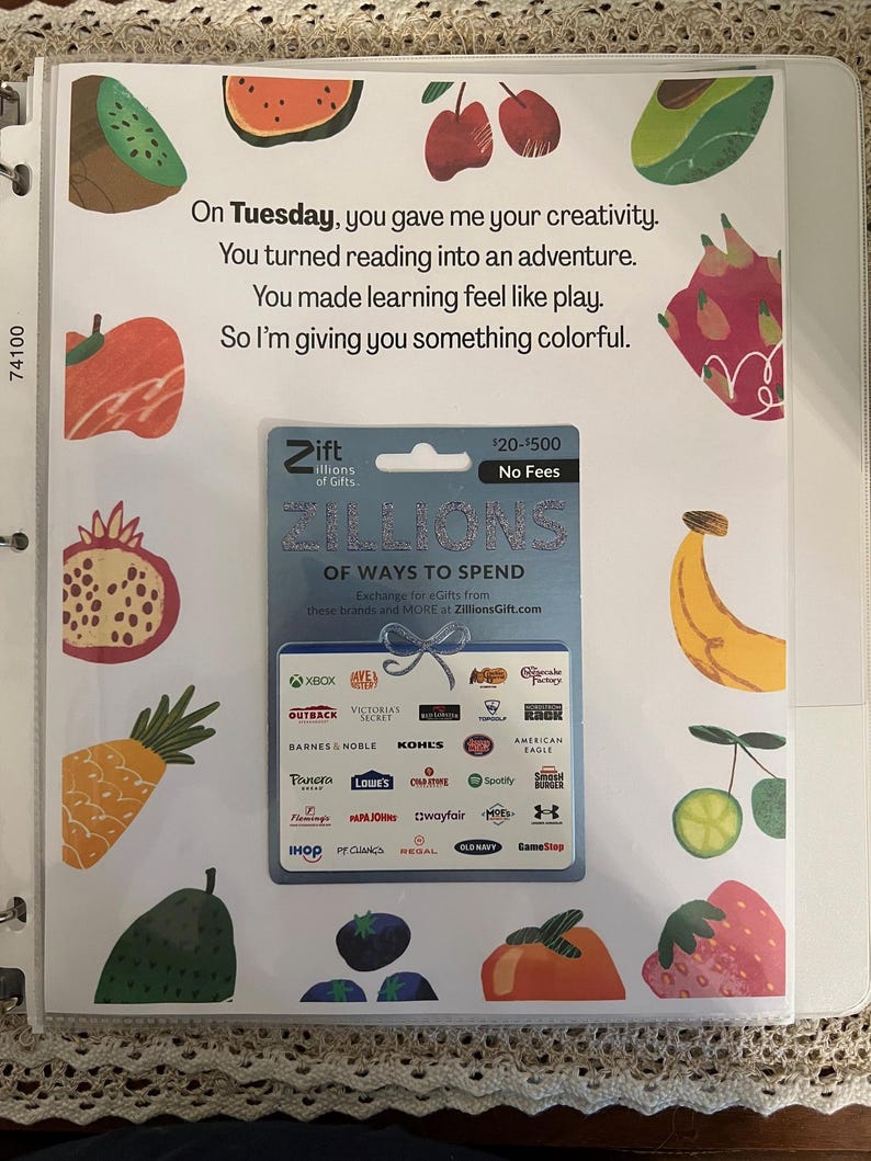 May include: A colorful gift card with a fruit theme. The card features the text "Zift" and "Zillions of Ways to Spend". The card is valid for $20-$500 and has no fees. The card is surrounded by colorful fruit illustrations.