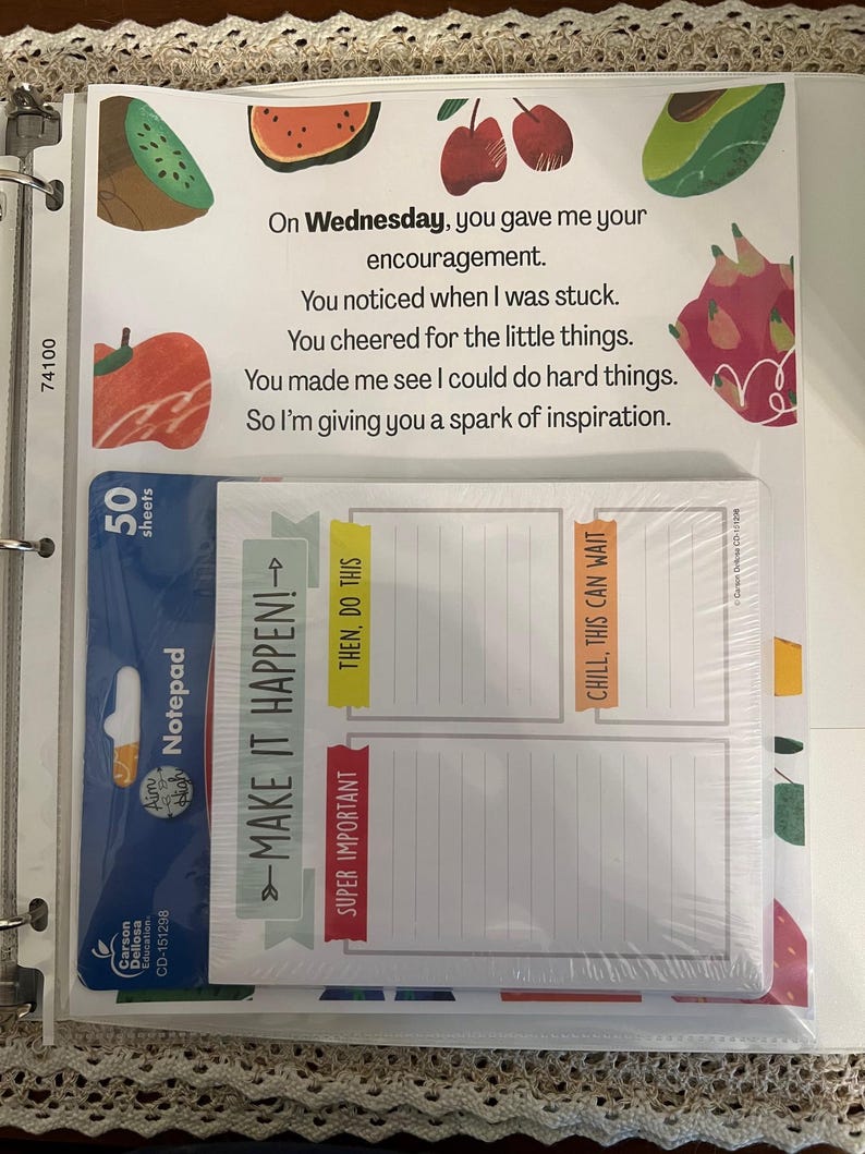 May include: A motivational notepad with a colorful design and the text "Make it Happen!" on the front. The notepad is divided into three sections: "Super Important", "Then Do This", and "Chill, This Can Wait".