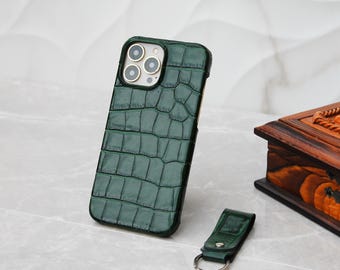Coque de téléphone portable en cuir verte personnalisée à motif croco, coque pour iPhone 11, 12, 13, 14, 15, 16 Pro Max/Plus