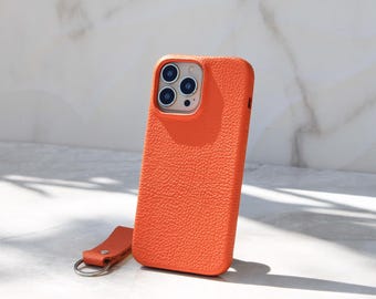 Custom Engraved Orange Luxury Leather Mini Case, iPhone 16, 15, 14, 13, 12, 11 Pro Max / Plus Case