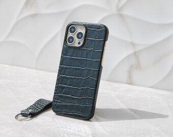 Étui pour portable en cuir vert foncé à motif croco pour homme et femme, pour iPhone 11, 12, 13, 14, 15, 16 Pro, Max, Plus