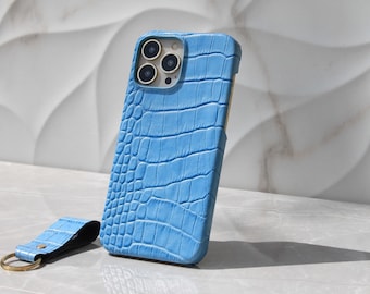 Personalized Blue Croco Pattern Genuine Leather iPhone Case, iPhone 11, 12, 13, 14, 15, 16 Pro Max Plus Case