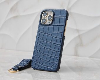 Personalized Luxury Croco Pattern Dark Blue Leather Phone Cover, iPhone 11, 12, 13, 14, 15, 16 Pro Max / Plus Case