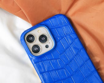 Personalized Blue Croco Leather iPhone Case: Handmade