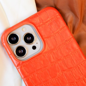 Custodia per telefono di lusso in pelle arancione con motivo coccodrillo personalizzata, per iPhone 16, 15, 14, 13, 12, 11 Pro Max Plus