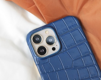 Custom Luxury Croco Pattern Dark Blue Leather Phone Cover, iPhone 11, 12, 13, 14, 15, 16 Pro Max / Plus Case