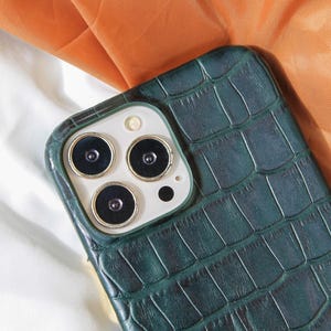Custom Dark Green Croco Pattern Leather Phone Case, iPhone 11, 12, 13, 14, 15, 16 Pro, Max, Plus Case