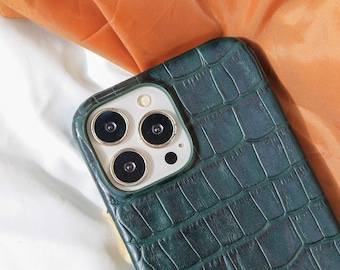 Coque de portable personnalisée en cuir vert foncé à motif croco, pour iPhone 11, 12, 13, 14, 15, 16 Pro, Max, Plus