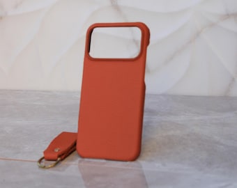 Handgefertigte Flotter Orange Lederhülle für iPhone mit Gravur nach Wunsch