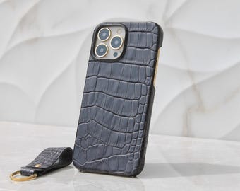 Custom Croco Pattern Genuine Leather Phone Case, Gray iPhone Cover, iPhone 11, 12, 13, 14, 15, 16 Pro Max Plus Case