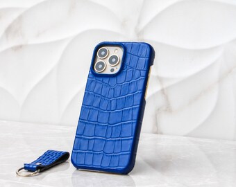 Personalized Croco Pattern Blue Leather Phone Case For Boyfriend As gift, iPhone 11, 12, 13, 14, 15, 16 Pro Max / Plus