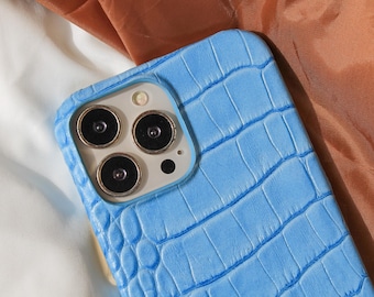 Handmade Light Blue Croco Leather iPhone Case