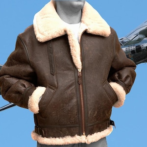 B3 Bomber WWII Pilot Cream Full Shearling Brown Real Leather Flying Winter