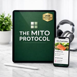 May include: A tablet and smartphone display information about the Mito Protocol. The tablet shows the title "THE MITO PROTOCOL" and "2026 EVIDENCE-BASED EDITION". The smartphone displays a "Mito Food Index" with images of food.