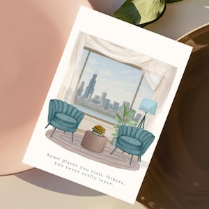 Modelo de cartão postal imobiliário em Chicago - Modelo de presente para cliente em aquarela - Impressão artística pequena em Chicago Town - Marketing imobiliário de luxo