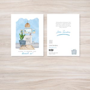 Vastgoed kust interieur ansichtkaartsjabloon - aquarel strandhuis klant cadeau canvas sjabloon - kleine kunstafdruk - luxe marketing
