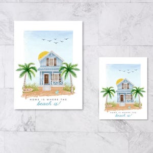 Sjabloon onroerend goed strandhuis ansichtkaart - aquarel strandhuis klant cadeau canvas sjabloon - kleine kunstafdruk-luxe makelaar marketing