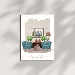 Modelo de cartão postal imobiliário em Chicago - Modelo de presente para cliente em aquarela - Impressão artística pequena em Chicago Town - Marketing imobiliário de luxo