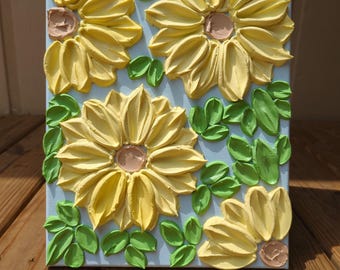3D Sunflower Painting: Textured Acrylic Floral Art, Boho Home Decor