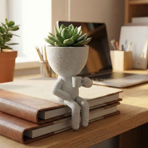 Op de afbeelding: Een eigenzinnige bureauopstelling toont een betonnen figuurplanter met een vetplant, die een kopje vasthoudt, zittend op ledergebonden boeken. Een laptop, een potplant en kantoorbenodigdheden zijn ook zichtbaar, wat een werkplek creëert.