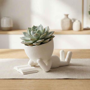 Pode incluir: Um vaso de cerâmica branca em forma de pessoa deitada, segurando um livro, com uma planta suculenta dentro. O vaso está sobre um caminho de mesa claro, com uma mesa de madeira e uma prateleira ao fundo.