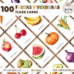 100 cartes-éclair espagnoles sur les fruits et les légumes | Apprendre le vocabulaire espagnol | PDF Montessori imprimable | Cartes scolaires | Tout-petits
