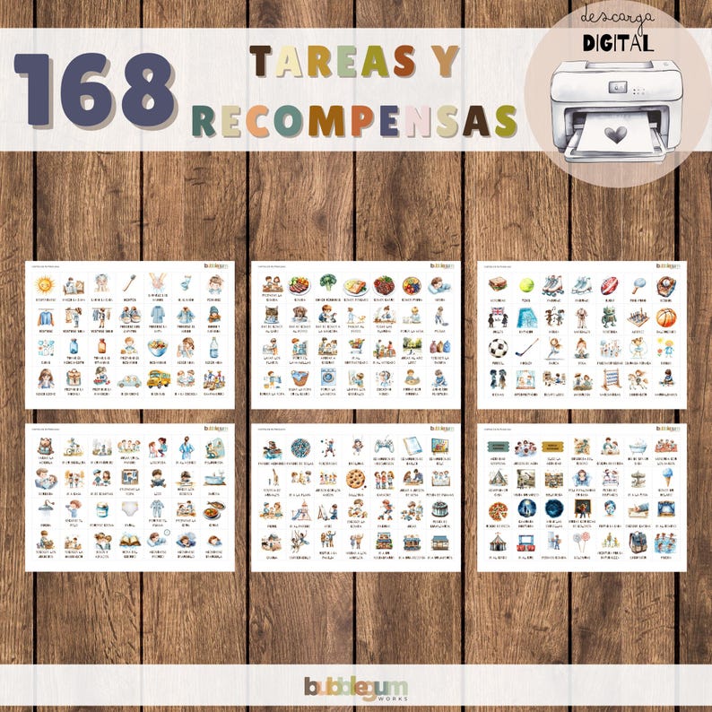 May include: A set of 168 printable digital task and reward charts featuring watercolor illustrations of children engaging in various activities. The charts are designed for use with children and feature a variety of activities, such as playing sports, reading, and doing chores.
