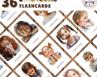 Puede incluir: Un conjunto de 36 tarjetas de memoria imprimibles que muestran niños expresando diferentes emociones. Las tarjetas están diseñadas para ser utilizadas como herramientas educativas para que los niños aprendan sobre las emociones. El texto en las tarjetas incluye palabras como "alegre", "cansado", "celoso", "asustado", "divertido", "emocionado" y "enfermo".