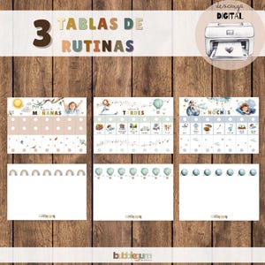 May include: Three printable charts for children's daily routines. The charts are titled "Mornings", "Afternoons", and "Nights" and feature colorful illustrations of activities like getting dressed, eating breakfast, playing, and reading.