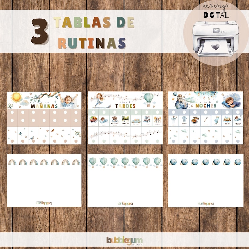 May include: Three printable charts for children's daily routines. The charts are titled "Mornings", "Afternoons", and "Nights" and feature colorful illustrations of activities like getting dressed, eating breakfast, playing, and reading.