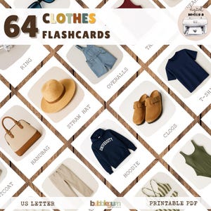 May include: A collection of 64 clothes flashcards, featuring various clothing items like a straw hat, overalls, a hoodie, and clogs. The cards are arranged on a wooden surface, with the words "CLOTHES FLASHCARDS" at the top.